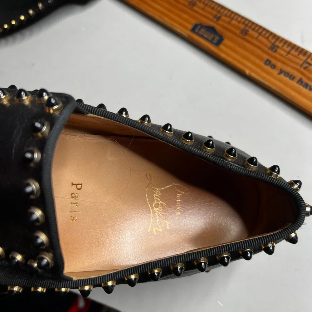 Christian Louboutin Roller Boat Black Leather Spiked‎ Slip On Sneakers 37.5